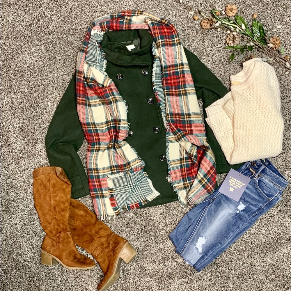 Shawl Blanket Scarf Winter Holiday Muted Red Green Beige Plaid Tartan One Size